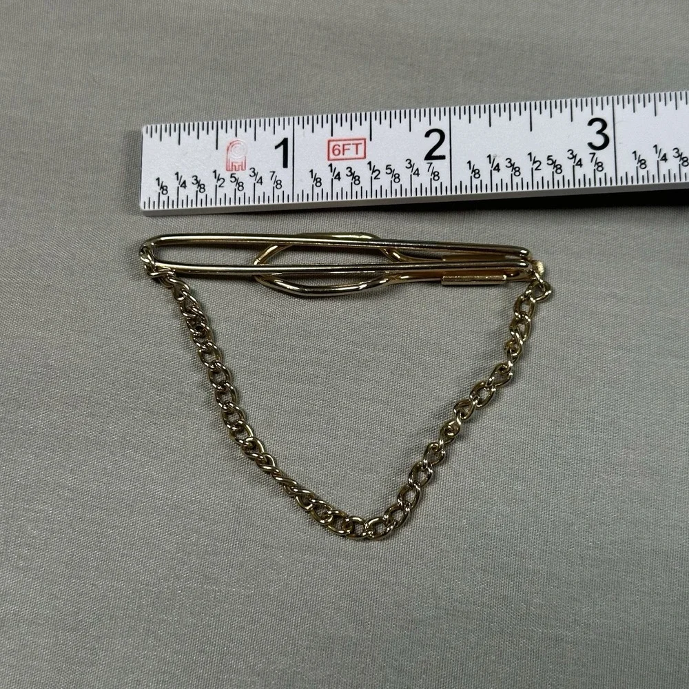 Vintage‎ Gold Tone Tie Bar Clip w/ Chain Mid-Century Men's Accessory Retro